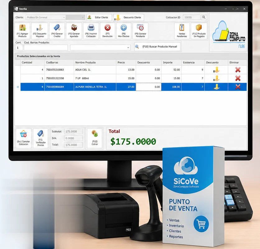SiCoVe en una caja: monitor con la pantalla de venta, impresora de tickets y lector de código de barras